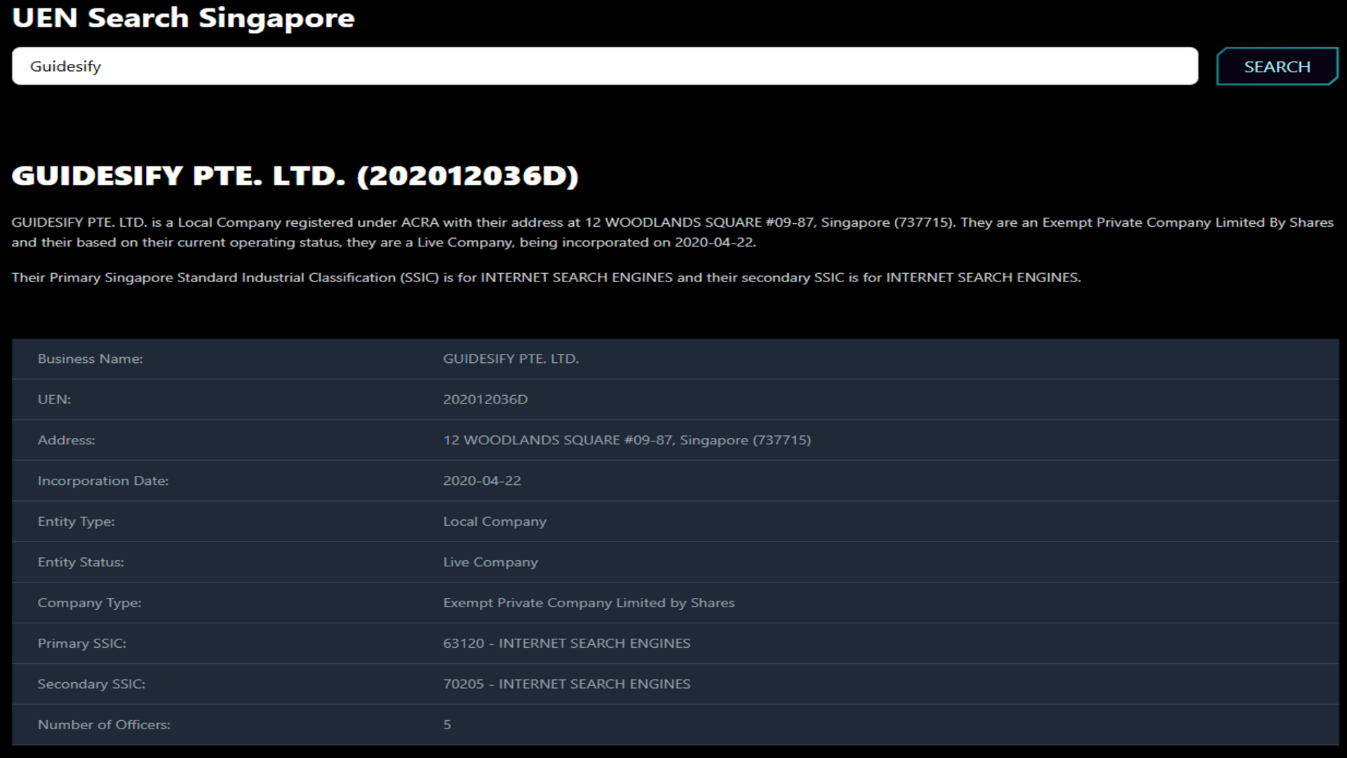 UEN Search interface